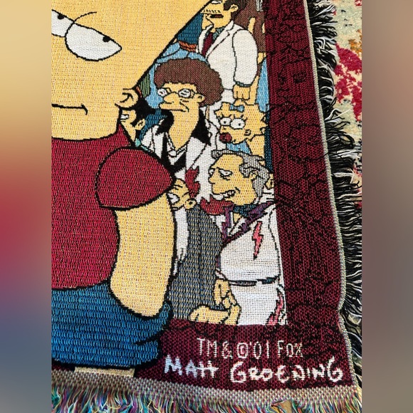 RARE Simpsons Woven Tapestry Fringe Throw Blanket 2001 Bart And Cast - Picture 2 of 3